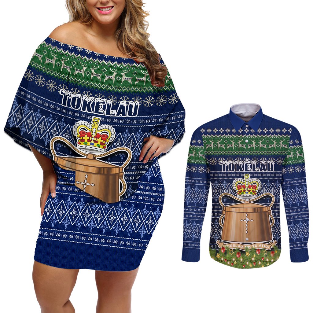 Tokelau Christmas Couples Matching Off Shoulder Short Dress and Long Sleeve Button Shirts Coat of Arms and Map Beautiful Merry Xmas Snowflake LT03 Blue - Polynesian Pride