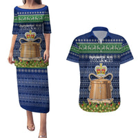 Tokelau Christmas Couples Matching Puletasi Dress and Hawaiian Shirt Coat of Arms and Map Beautiful Merry Xmas Snowflake LT03 Blue - Polynesian Pride