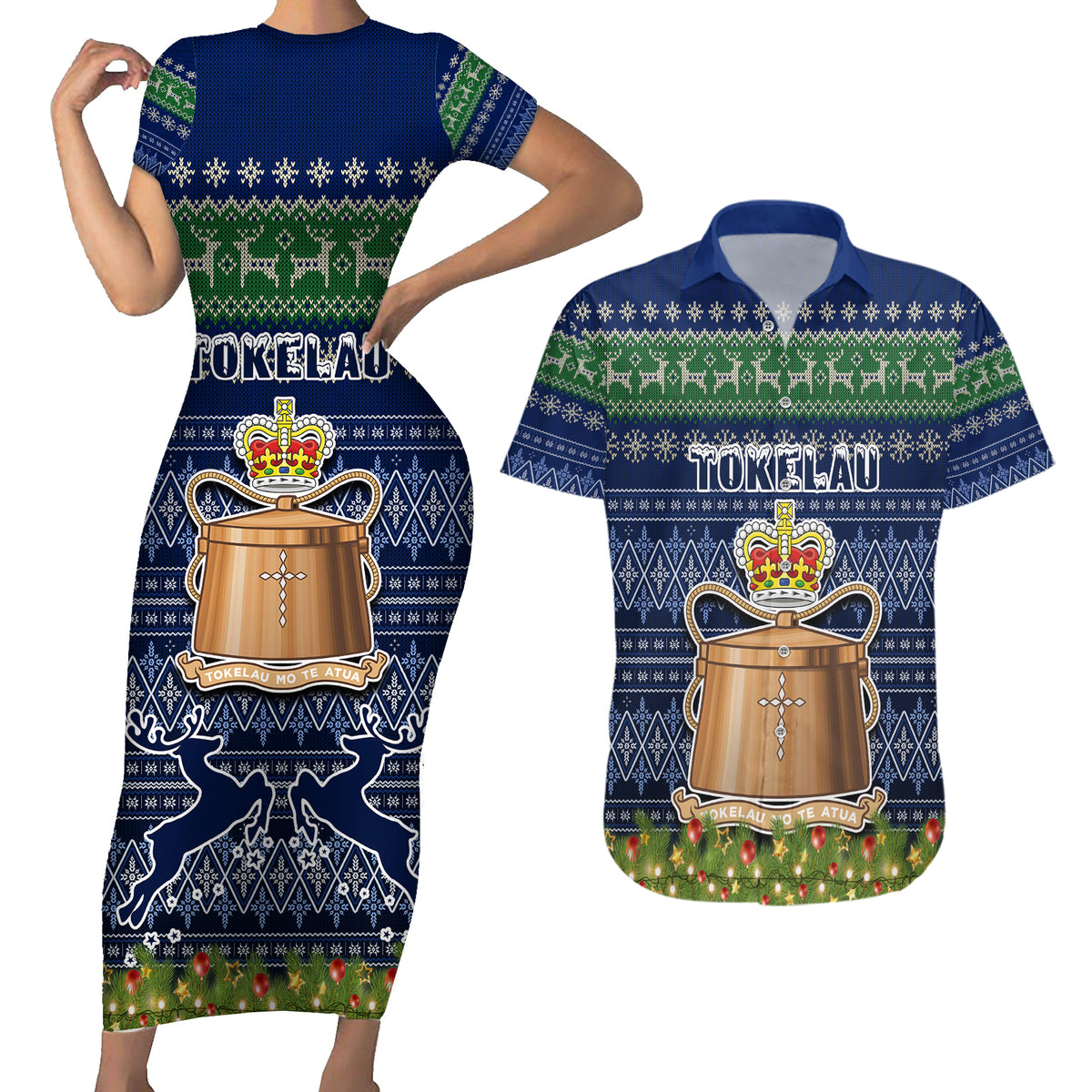 Tokelau Christmas Couples Matching Short Sleeve Bodycon Dress and Hawaiian Shirt Coat of Arms and Map Beautiful Merry Xmas Snowflake LT03 Blue - Polynesian Pride