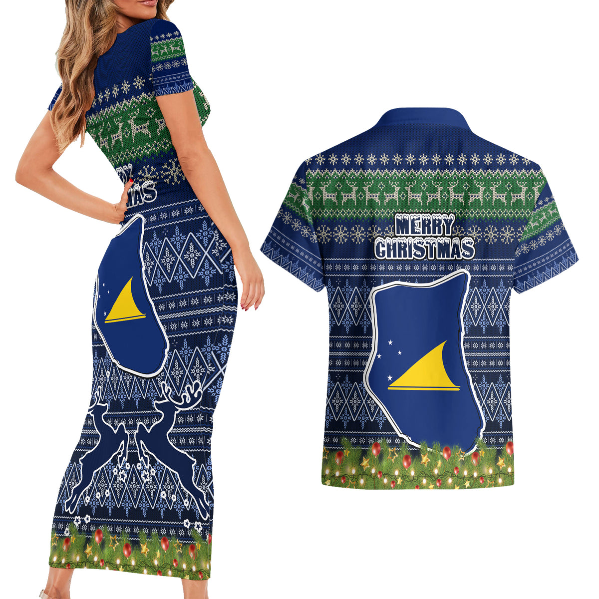 Tokelau Christmas Couples Matching Short Sleeve Bodycon Dress and Hawaiian Shirt Coat of Arms and Map Beautiful Merry Xmas Snowflake LT03 - Polynesian Pride