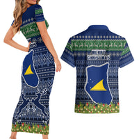 Tokelau Christmas Couples Matching Short Sleeve Bodycon Dress and Hawaiian Shirt Coat of Arms and Map Beautiful Merry Xmas Snowflake LT03 - Polynesian Pride