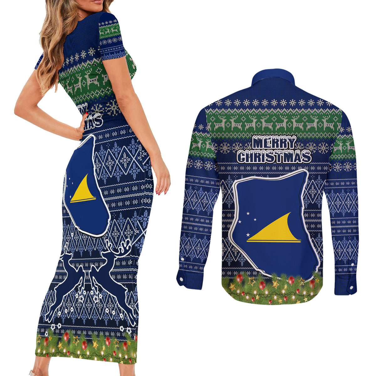 Tokelau Christmas Couples Matching Short Sleeve Bodycon Dress and Long Sleeve Button Shirts Coat of Arms and Map Beautiful Merry Xmas Snowflake LT03 - Polynesian Pride