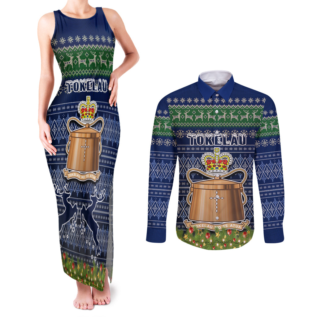 Tokelau Christmas Couples Matching Tank Maxi Dress and Long Sleeve Button Shirts Coat of Arms and Map Beautiful Merry Xmas Snowflake LT03 Blue - Polynesian Pride