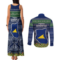Tokelau Christmas Couples Matching Tank Maxi Dress and Long Sleeve Button Shirts Coat of Arms and Map Beautiful Merry Xmas Snowflake LT03 - Polynesian Pride
