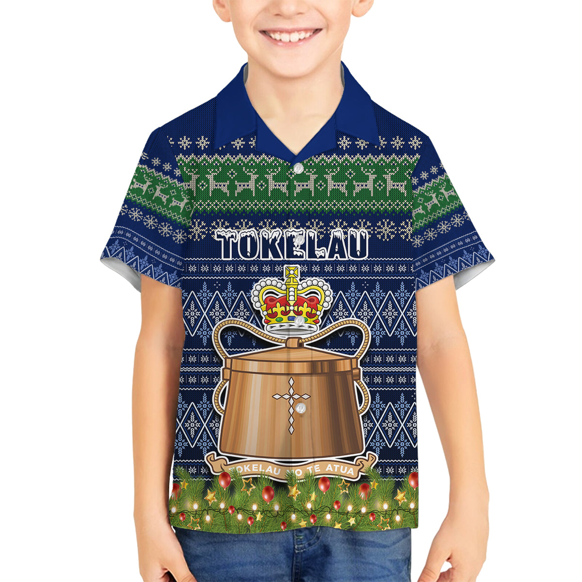 Tokelau Christmas Family Matching Long Sleeve Bodycon Dress and Hawaiian Shirt Coat of Arms and Map Beautiful Merry Xmas Snowflake LT03 Son's Shirt Blue - Polynesian Pride