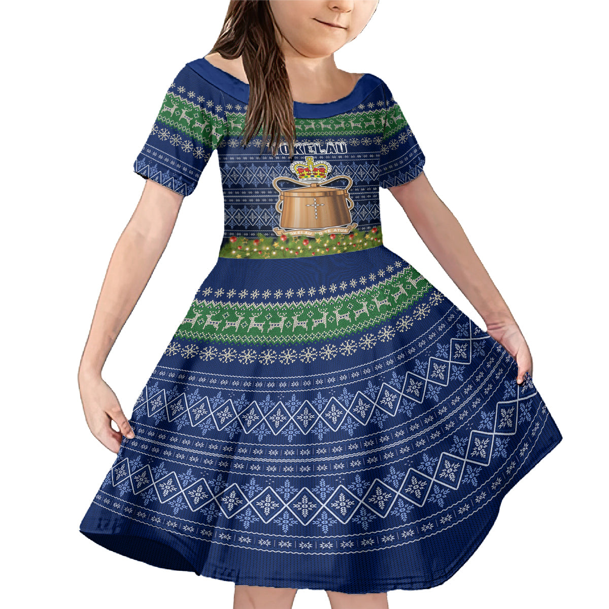 Tokelau Christmas Family Matching Mermaid Dress and Hawaiian Shirt Coat of Arms and Map Beautiful Merry Xmas Snowflake LT03 Daughter's Dress Blue - Polynesian Pride