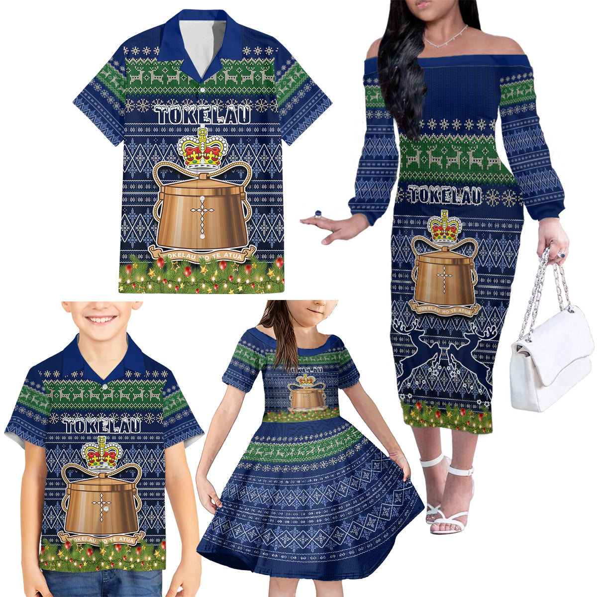 Tokelau Christmas Family Matching Off Shoulder Long Sleeve Dress and Hawaiian Shirt Coat of Arms and Map Beautiful Merry Xmas Snowflake LT03 - Polynesian Pride