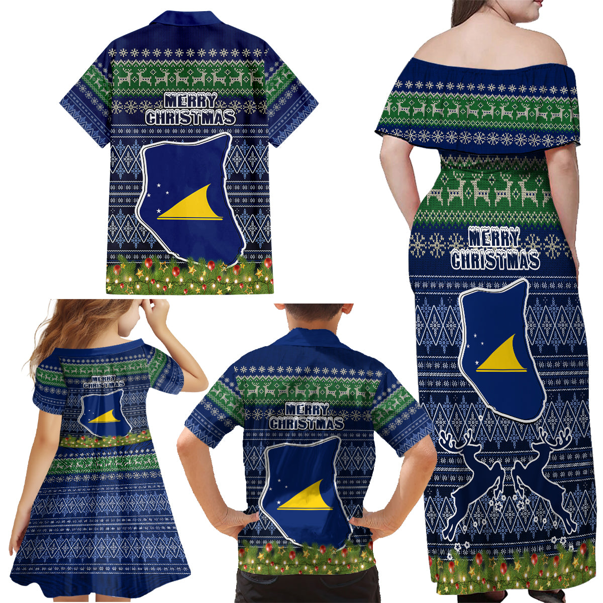 Tokelau Christmas Family Matching Off Shoulder Long Sleeve Dress and Hawaiian Shirt Coat of Arms and Map Beautiful Merry Xmas Snowflake LT03 - Polynesian Pride