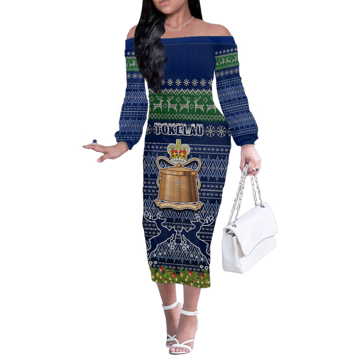 Tokelau Christmas Family Matching Off Shoulder Long Sleeve Dress and Hawaiian Shirt Coat of Arms and Map Beautiful Merry Xmas Snowflake LT03 Mom's Dress Blue - Polynesian Pride