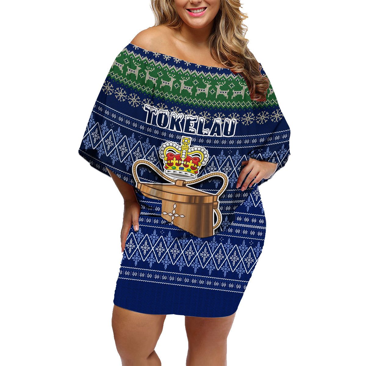 Tokelau Christmas Family Matching Off Shoulder Short Dress and Hawaiian Shirt Coat of Arms and Map Beautiful Merry Xmas Snowflake LT03 Mom's Dress Blue - Polynesian Pride