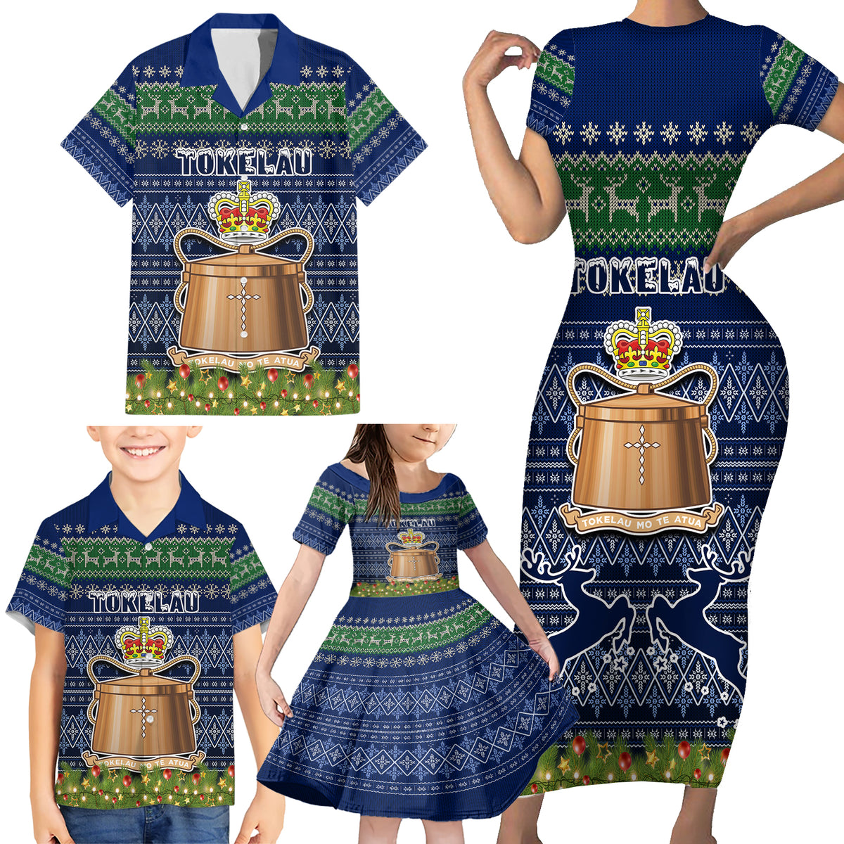 Tokelau Christmas Family Matching Short Sleeve Bodycon Dress and Hawaiian Shirt Coat of Arms and Map Beautiful Merry Xmas Snowflake LT03 - Polynesian Pride