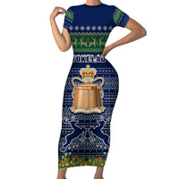 Tokelau Christmas Family Matching Short Sleeve Bodycon Dress and Hawaiian Shirt Coat of Arms and Map Beautiful Merry Xmas Snowflake LT03 Mom's Dress Blue - Polynesian Pride