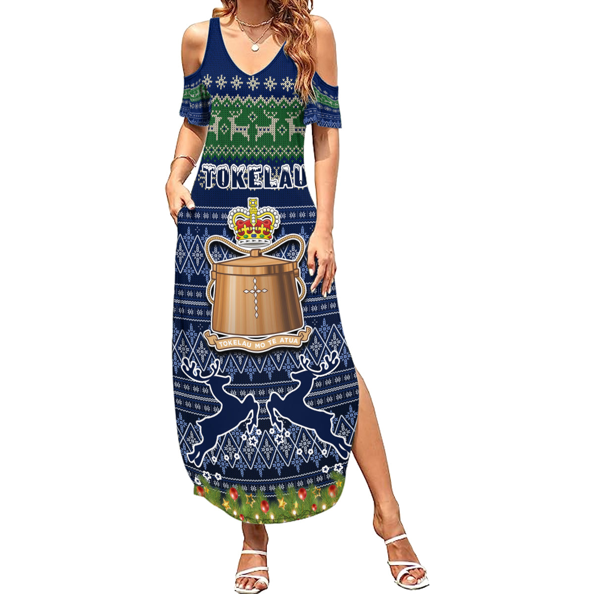 Tokelau Christmas Family Matching Summer Maxi Dress and Hawaiian Shirt Coat of Arms and Map Beautiful Merry Xmas Snowflake LT03 Mom's Dress Blue - Polynesian Pride
