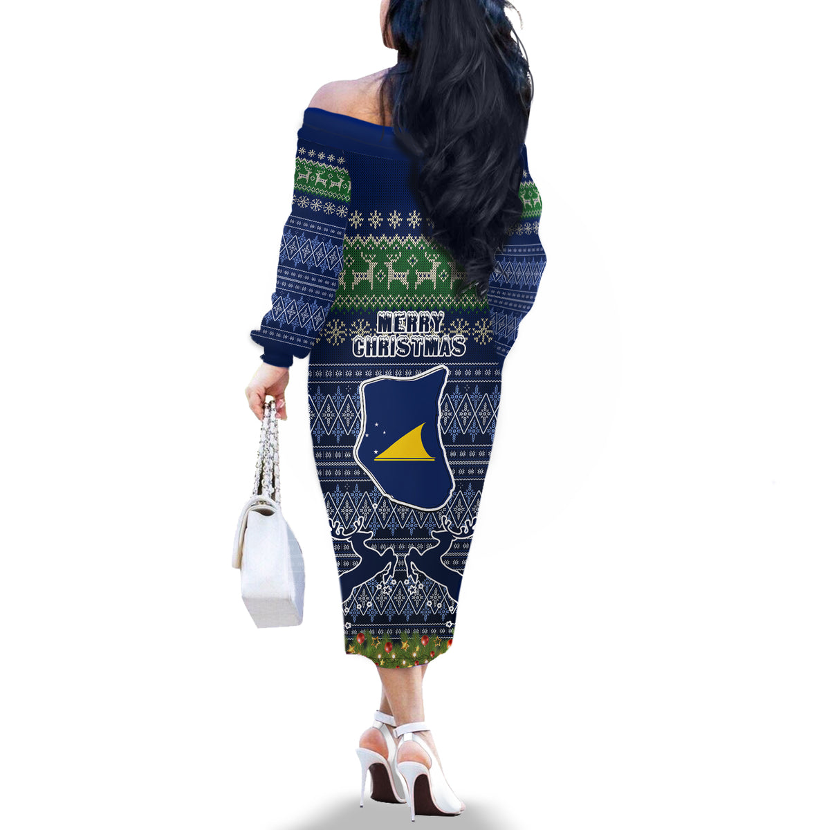 Tokelau Christmas Off The Shoulder Long Sleeve Dress Coat of Arms and Map Beautiful Merry Xmas Snowflake LT03 - Polynesian Pride