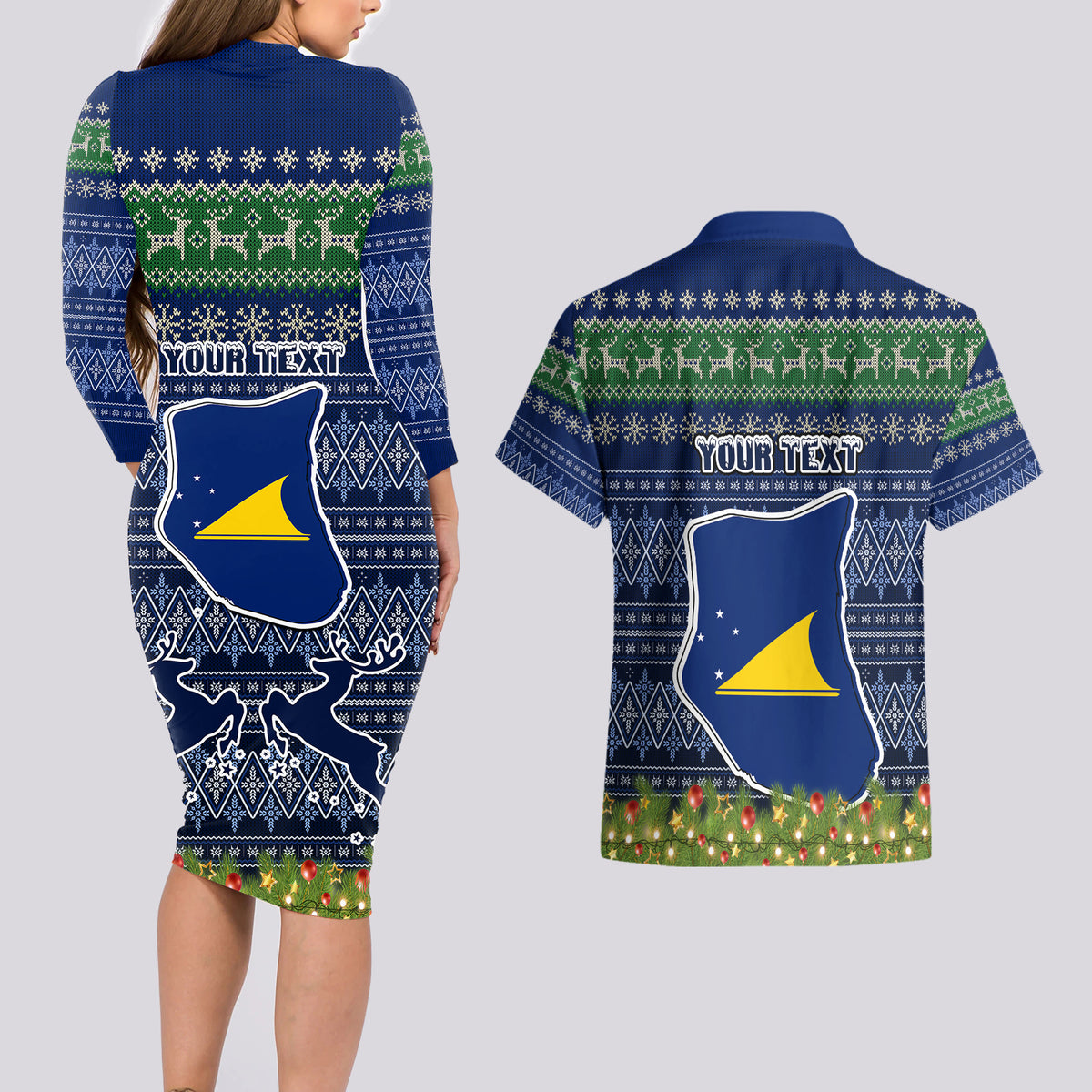 Personalised Tokelau Christmas Couples Matching Long Sleeve Bodycon Dress and Hawaiian Shirt Coat of Arms and Map Beautiful Merry Xmas Snowflake LT03 - Polynesian Pride