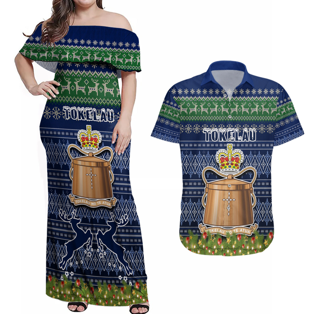 Personalised Tokelau Christmas Couples Matching Off Shoulder Maxi Dress and Hawaiian Shirt Coat of Arms and Map Beautiful Merry Xmas Snowflake LT03 Blue - Polynesian Pride