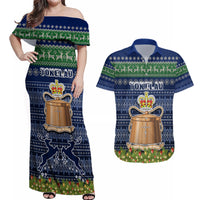 Personalised Tokelau Christmas Couples Matching Off Shoulder Maxi Dress and Hawaiian Shirt Coat of Arms and Map Beautiful Merry Xmas Snowflake LT03 Blue - Polynesian Pride