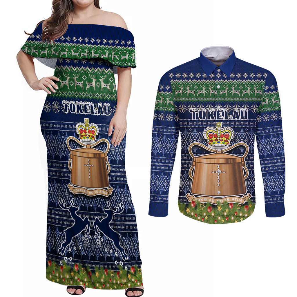 Personalised Tokelau Christmas Couples Matching Off Shoulder Maxi Dress and Long Sleeve Button Shirts Coat of Arms and Map Beautiful Merry Xmas Snowflake LT03 Blue - Polynesian Pride