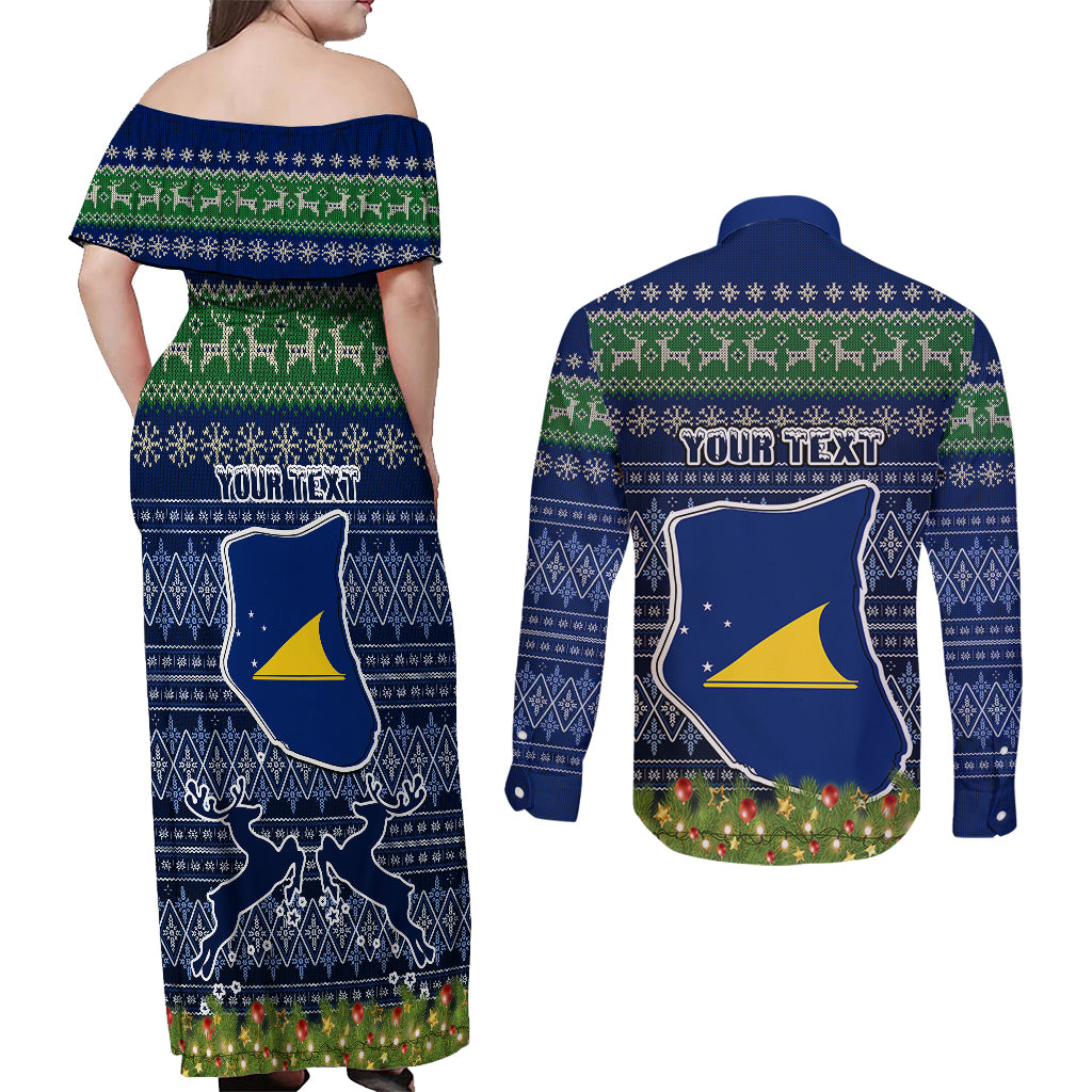 Personalised Tokelau Christmas Couples Matching Off Shoulder Maxi Dress and Long Sleeve Button Shirts Coat of Arms and Map Beautiful Merry Xmas Snowflake LT03 - Polynesian Pride