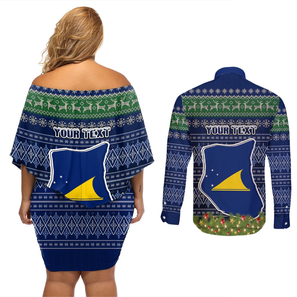 Personalised Tokelau Christmas Couples Matching Off Shoulder Short Dress and Long Sleeve Button Shirts Coat of Arms and Map Beautiful Merry Xmas Snowflake LT03 - Polynesian Pride