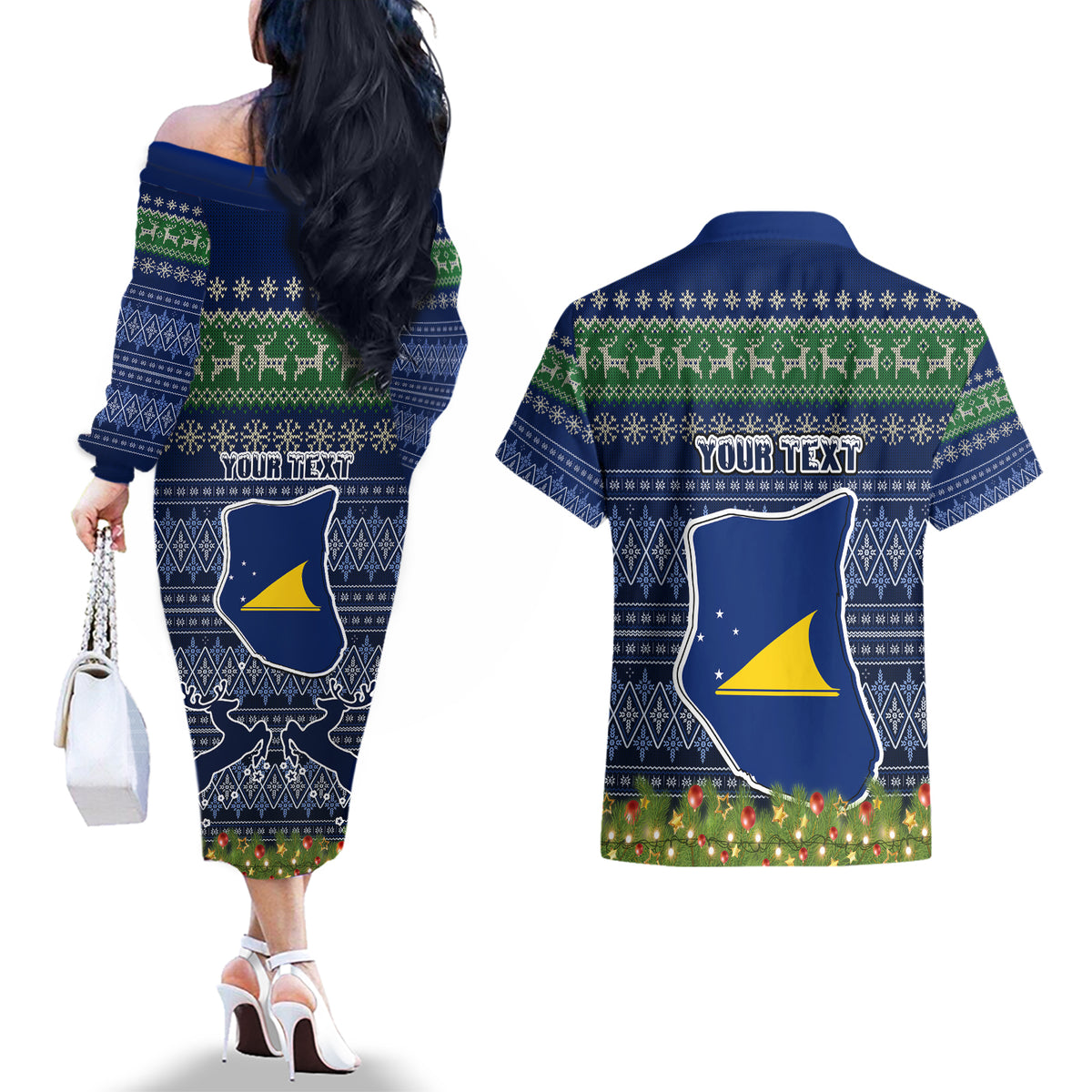 Personalised Tokelau Christmas Couples Matching Off The Shoulder Long Sleeve Dress and Hawaiian Shirt Coat of Arms and Map Beautiful Merry Xmas Snowflake LT03 - Polynesian Pride