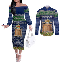 Personalised Tokelau Christmas Couples Matching Off The Shoulder Long Sleeve Dress and Long Sleeve Button Shirts Coat of Arms and Map Beautiful Merry Xmas Snowflake LT03 Blue - Polynesian Pride