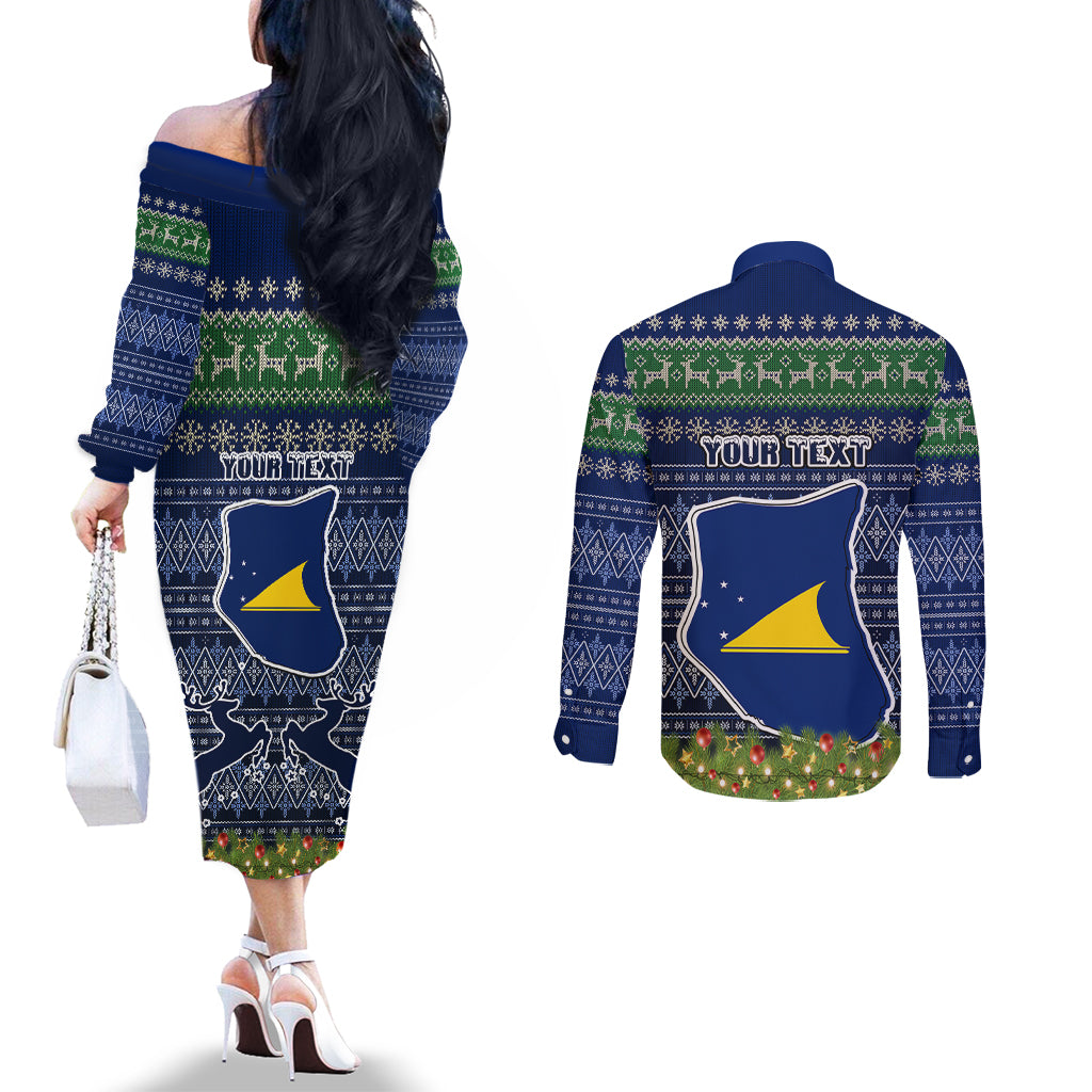 Personalised Tokelau Christmas Couples Matching Off The Shoulder Long Sleeve Dress and Long Sleeve Button Shirts Coat of Arms and Map Beautiful Merry Xmas Snowflake LT03 - Polynesian Pride