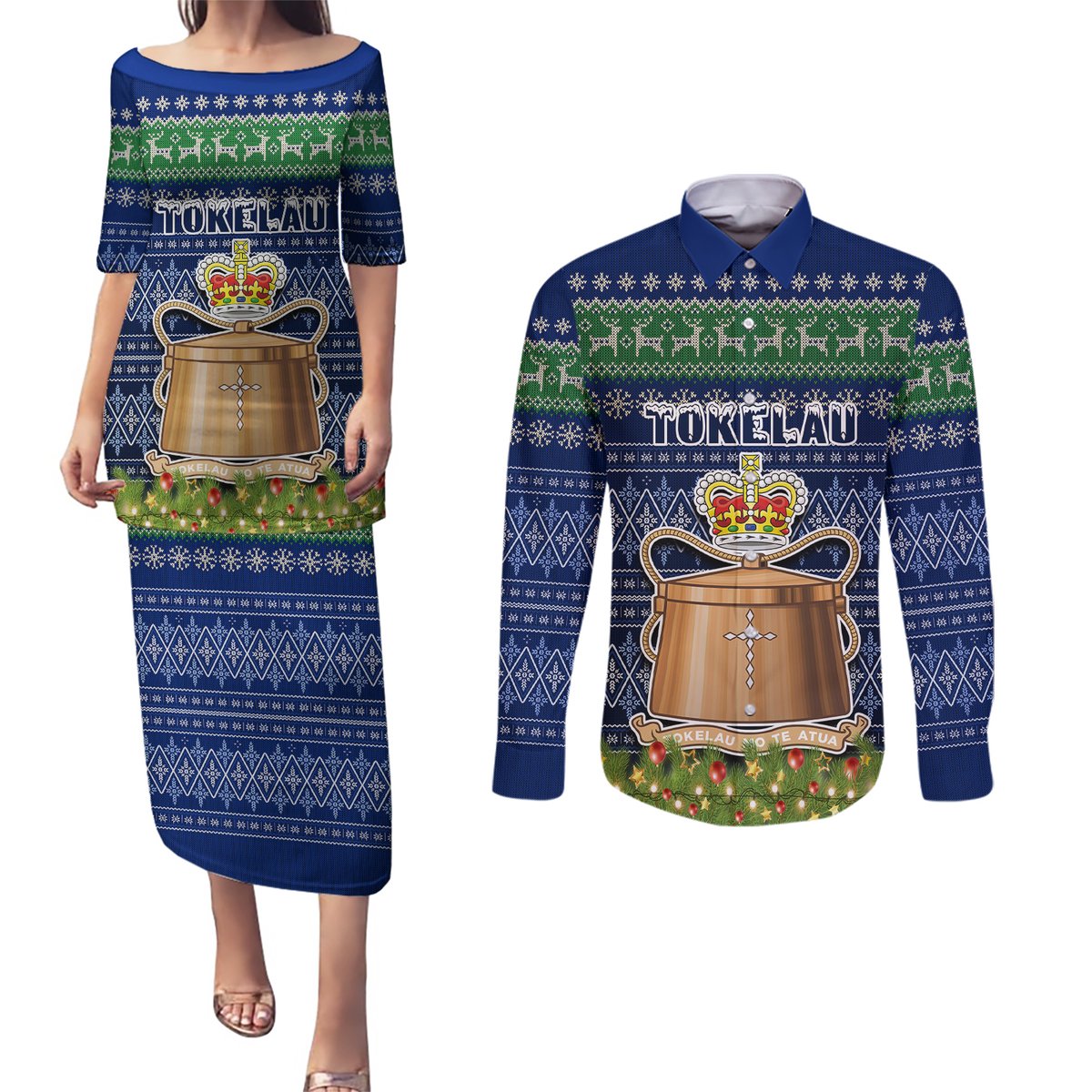 Personalised Tokelau Christmas Couples Matching Puletasi Dress and Long Sleeve Button Shirts Coat of Arms and Map Beautiful Merry Xmas Snowflake LT03 Blue - Polynesian Pride