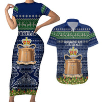 Personalised Tokelau Christmas Couples Matching Short Sleeve Bodycon Dress and Hawaiian Shirt Coat of Arms and Map Beautiful Merry Xmas Snowflake LT03 Blue - Polynesian Pride