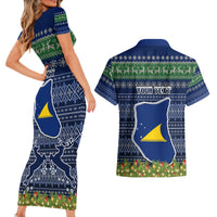 Personalised Tokelau Christmas Couples Matching Short Sleeve Bodycon Dress and Hawaiian Shirt Coat of Arms and Map Beautiful Merry Xmas Snowflake LT03 - Polynesian Pride