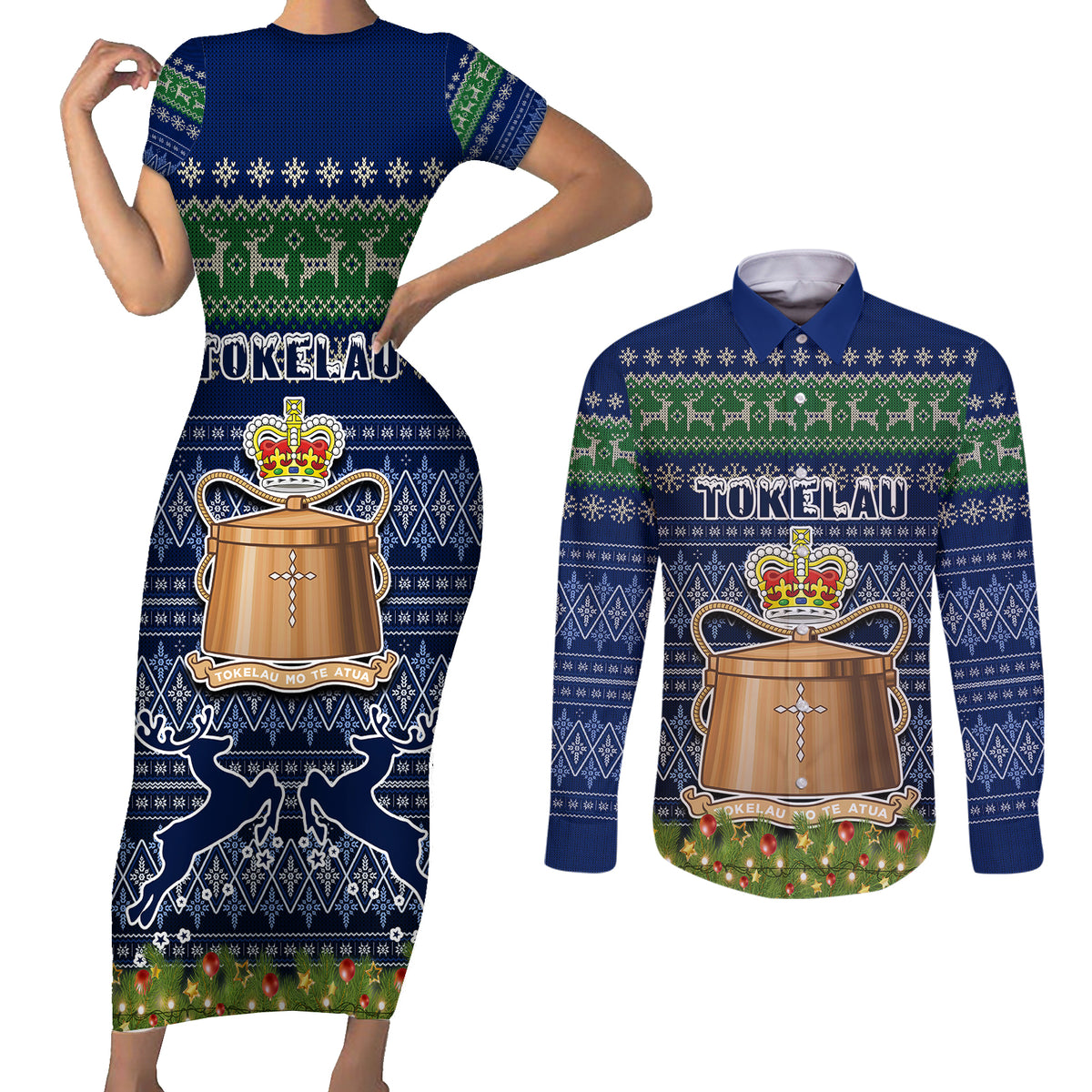 Personalised Tokelau Christmas Couples Matching Short Sleeve Bodycon Dress and Long Sleeve Button Shirts Coat of Arms and Map Beautiful Merry Xmas Snowflake LT03 Blue - Polynesian Pride