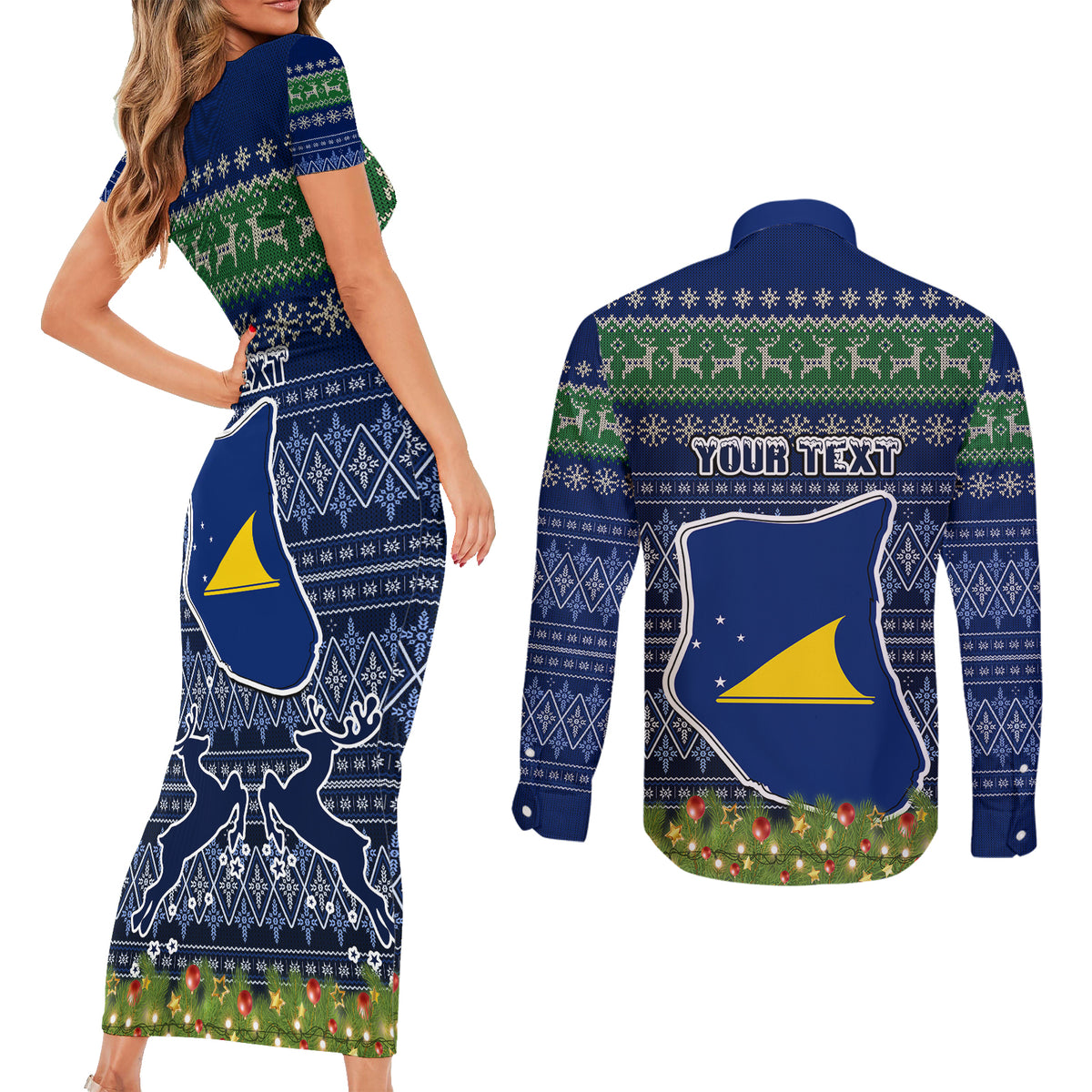Personalised Tokelau Christmas Couples Matching Short Sleeve Bodycon Dress and Long Sleeve Button Shirts Coat of Arms and Map Beautiful Merry Xmas Snowflake LT03 - Polynesian Pride
