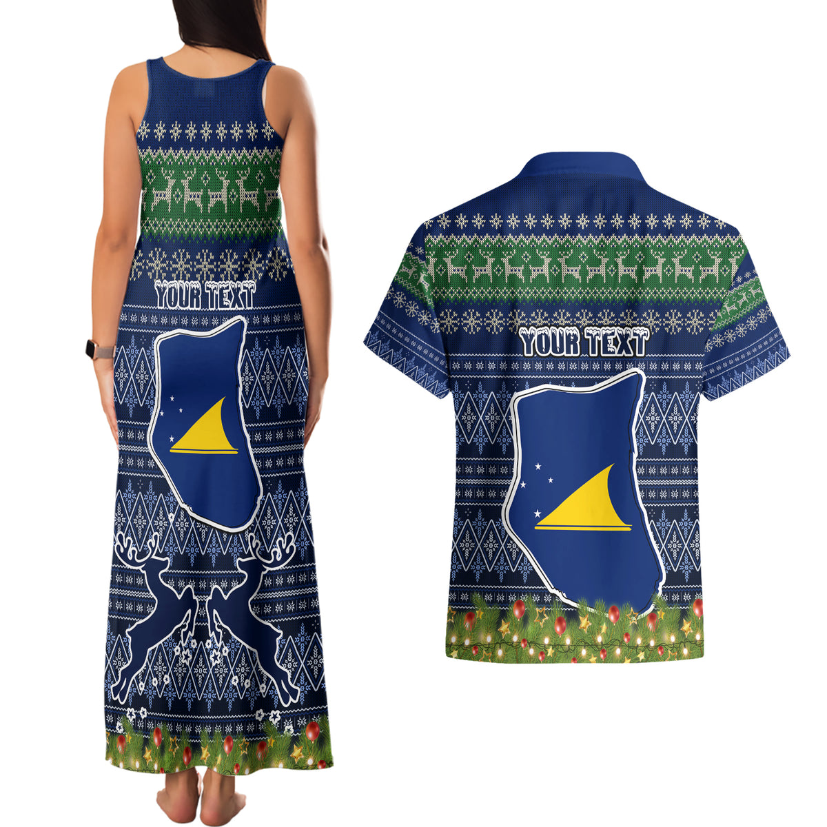 Personalised Tokelau Christmas Couples Matching Tank Maxi Dress and Hawaiian Shirt Coat of Arms and Map Beautiful Merry Xmas Snowflake LT03 - Polynesian Pride