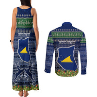 Personalised Tokelau Christmas Couples Matching Tank Maxi Dress and Long Sleeve Button Shirts Coat of Arms and Map Beautiful Merry Xmas Snowflake LT03 - Polynesian Pride
