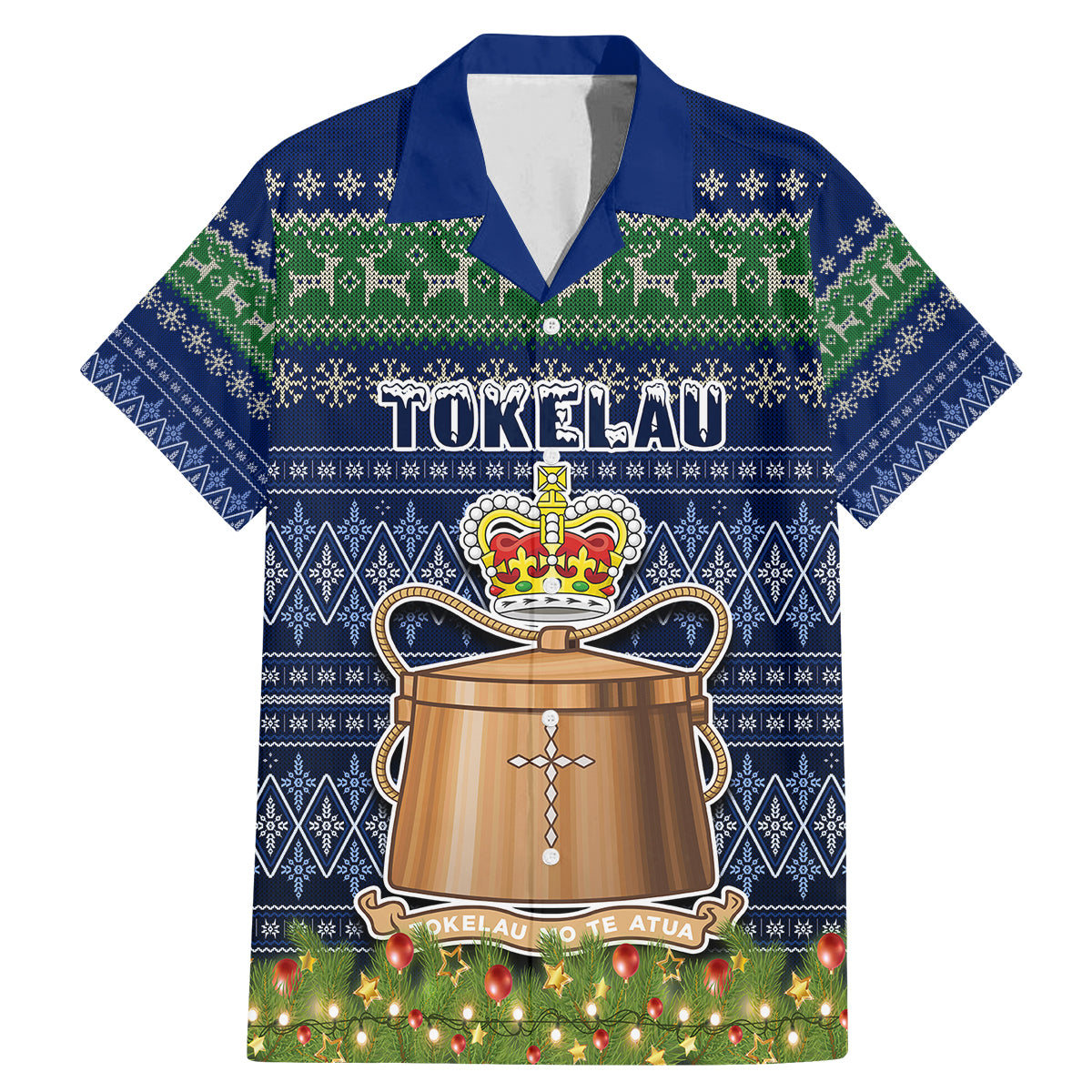 Personalised Tokelau Christmas Family Matching Mermaid Dress and Hawaiian Shirt Coat of Arms and Map Beautiful Merry Xmas Snowflake LT03 Dad's Shirt - Short Sleeve Blue - Polynesian Pride