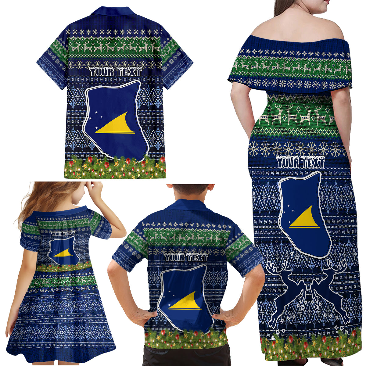 Personalised Tokelau Christmas Family Matching Off Shoulder Long Sleeve Dress and Hawaiian Shirt Coat of Arms and Map Beautiful Merry Xmas Snowflake LT03 - Polynesian Pride