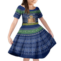 Personalised Tokelau Christmas Family Matching Off Shoulder Maxi Dress and Hawaiian Shirt Coat of Arms and Map Beautiful Merry Xmas Snowflake LT03 Daughter's Dress Blue - Polynesian Pride
