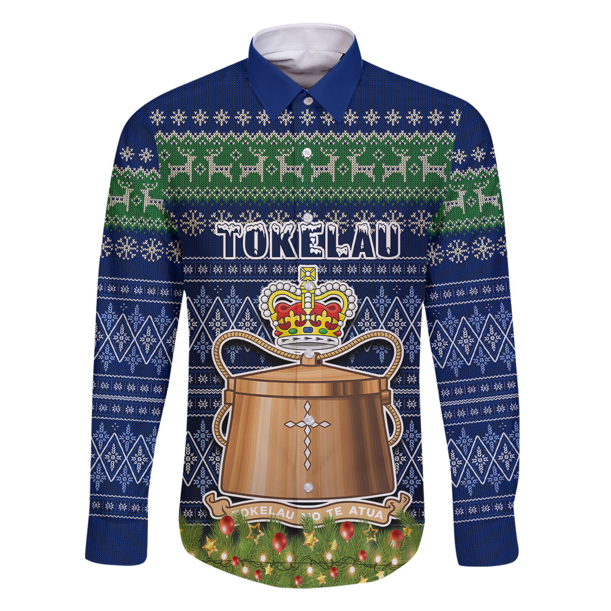 Personalised Tokelau Christmas Family Matching Off Shoulder Maxi Dress and Hawaiian Shirt Coat of Arms and Map Beautiful Merry Xmas Snowflake LT03 Dad's Shirt - Short Sleeve Blue - Polynesian Pride