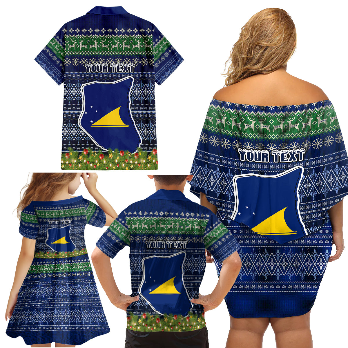 Personalised Tokelau Christmas Family Matching Off Shoulder Short Dress and Hawaiian Shirt Coat of Arms and Map Beautiful Merry Xmas Snowflake LT03 - Polynesian Pride