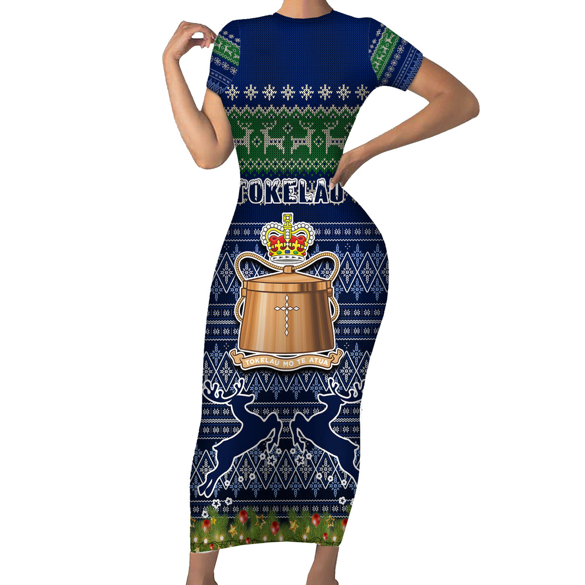 Personalised Tokelau Christmas Family Matching Short Sleeve Bodycon Dress and Hawaiian Shirt Coat of Arms and Map Beautiful Merry Xmas Snowflake LT03 Mom's Dress Blue - Polynesian Pride