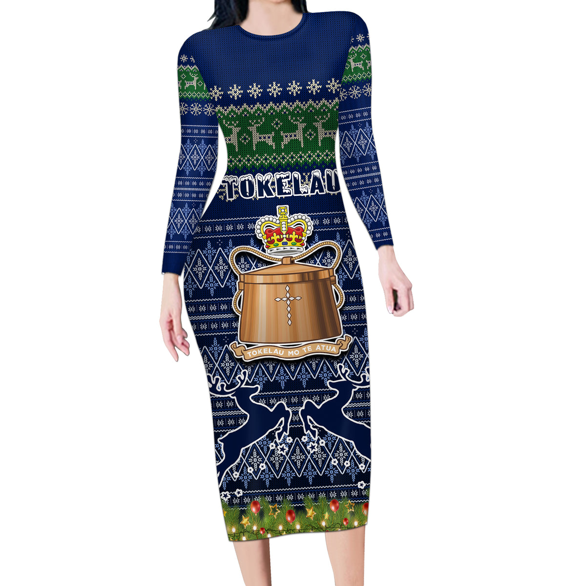 Personalised Tokelau Christmas Long Sleeve Bodycon Dress Coat of Arms and Map Beautiful Merry Xmas Snowflake LT03 Long Dress Blue - Polynesian Pride