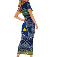 Personalised Tokelau Christmas Short Sleeve Bodycon Dress Coat of Arms and Map Beautiful Merry Xmas Snowflake LT03 - Polynesian Pride