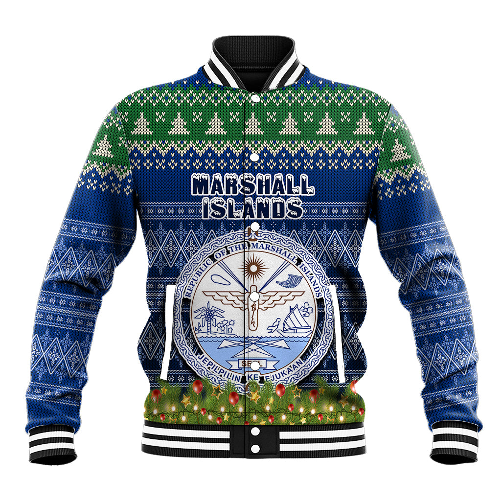 Personalised Marshall Islands Christmas Baseball Jacket Coat of Arms and Map Beautiful Merry Xmas Snowflake LT03 Unisex Blue - Polynesian Pride