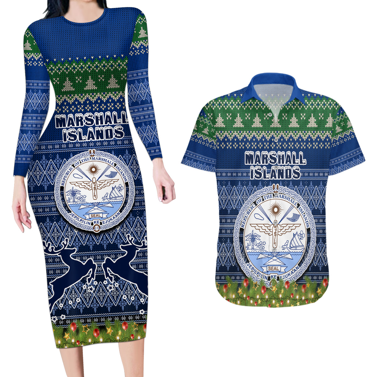 Personalised Marshall Islands Christmas Couples Matching Long Sleeve Bodycon Dress and Hawaiian Shirt Coat of Arms and Map Beautiful Merry Xmas Snowflake LT03 Blue - Polynesian Pride