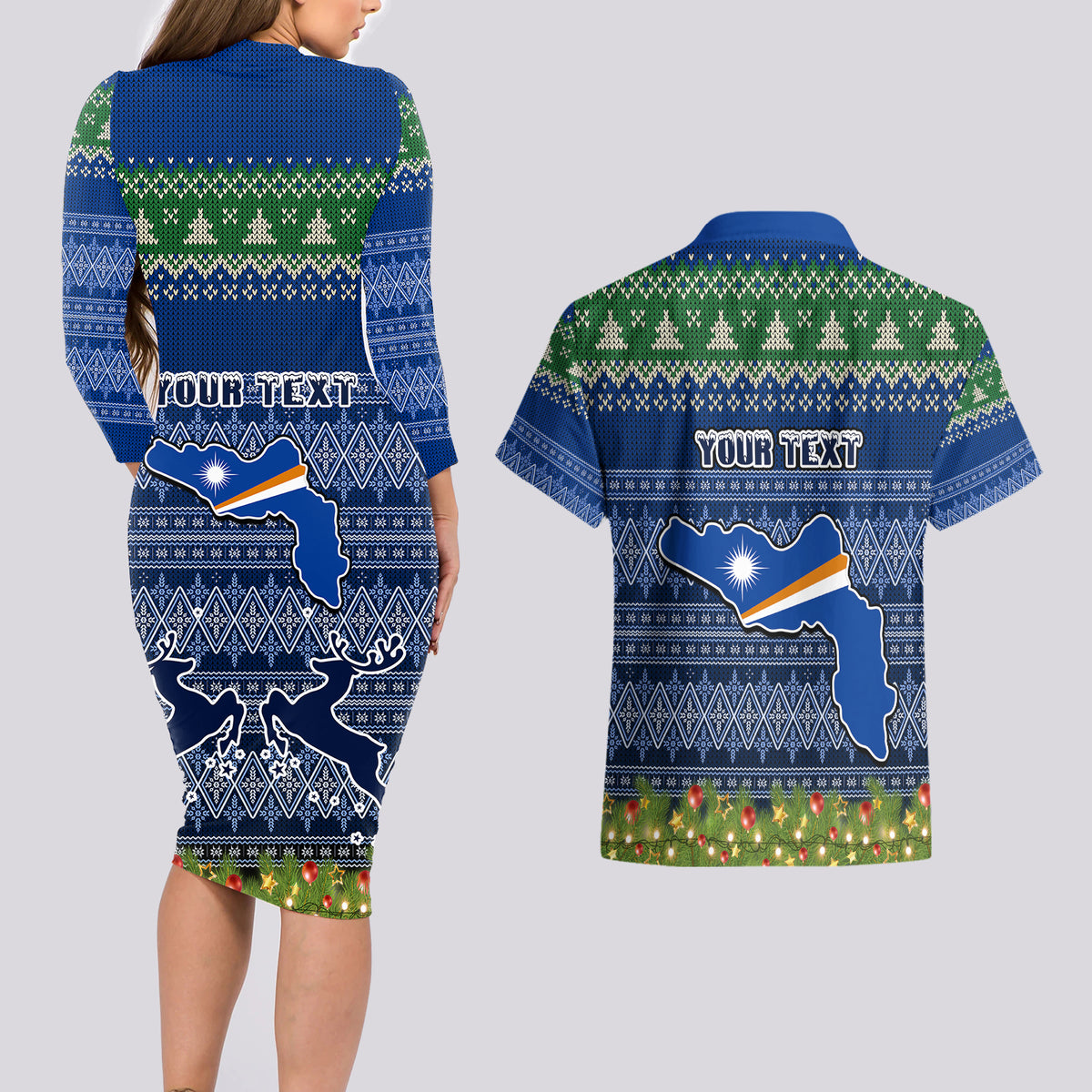 Personalised Marshall Islands Christmas Couples Matching Long Sleeve Bodycon Dress and Hawaiian Shirt Coat of Arms and Map Beautiful Merry Xmas Snowflake LT03 - Polynesian Pride