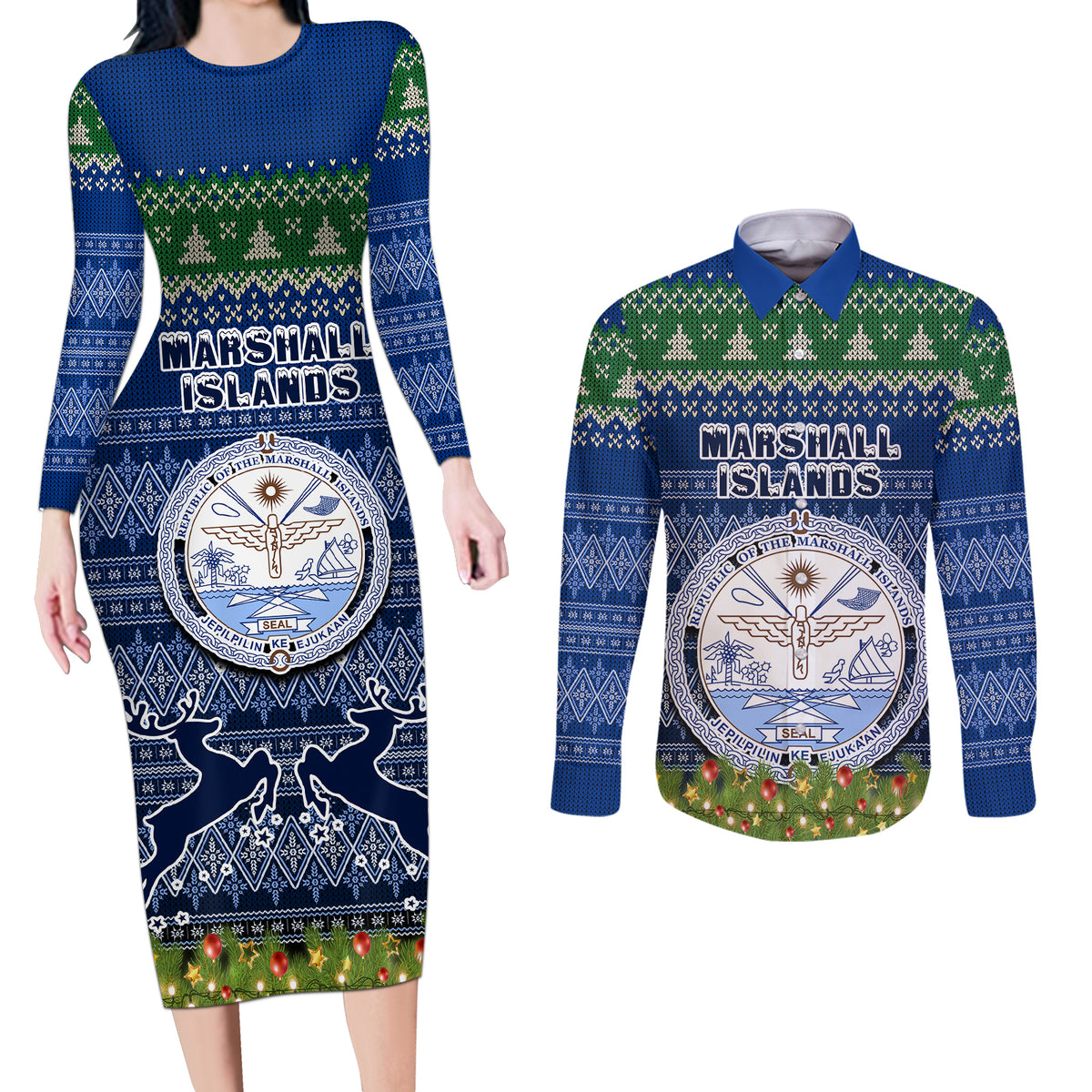 Personalised Marshall Islands Christmas Couples Matching Long Sleeve Bodycon Dress and Long Sleeve Button Shirts Coat of Arms and Map Beautiful Merry Xmas Snowflake LT03 Blue - Polynesian Pride