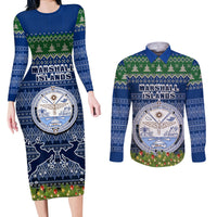 Personalised Marshall Islands Christmas Couples Matching Long Sleeve Bodycon Dress and Long Sleeve Button Shirts Coat of Arms and Map Beautiful Merry Xmas Snowflake LT03 Blue - Polynesian Pride