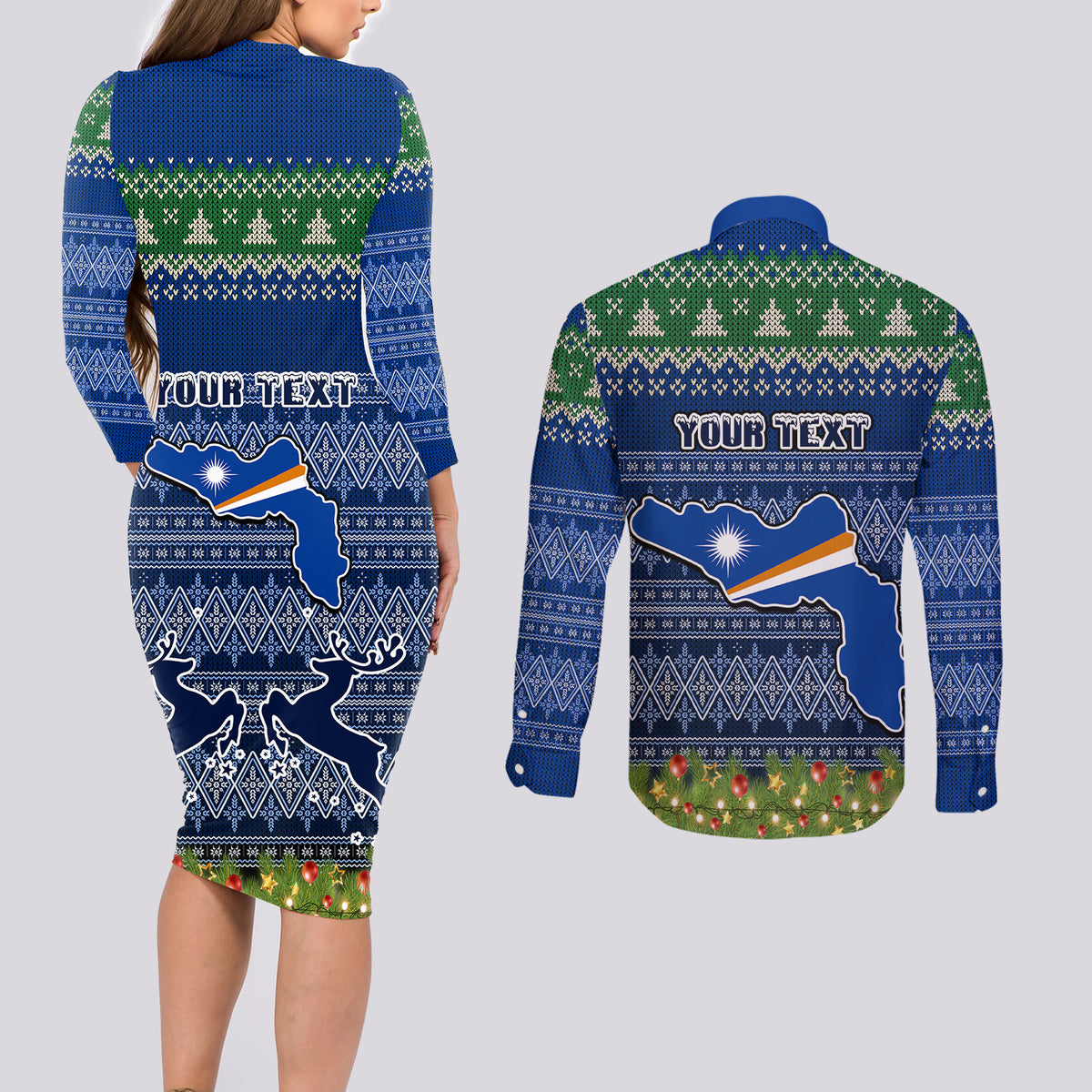 Personalised Marshall Islands Christmas Couples Matching Long Sleeve Bodycon Dress and Long Sleeve Button Shirts Coat of Arms and Map Beautiful Merry Xmas Snowflake LT03 - Polynesian Pride