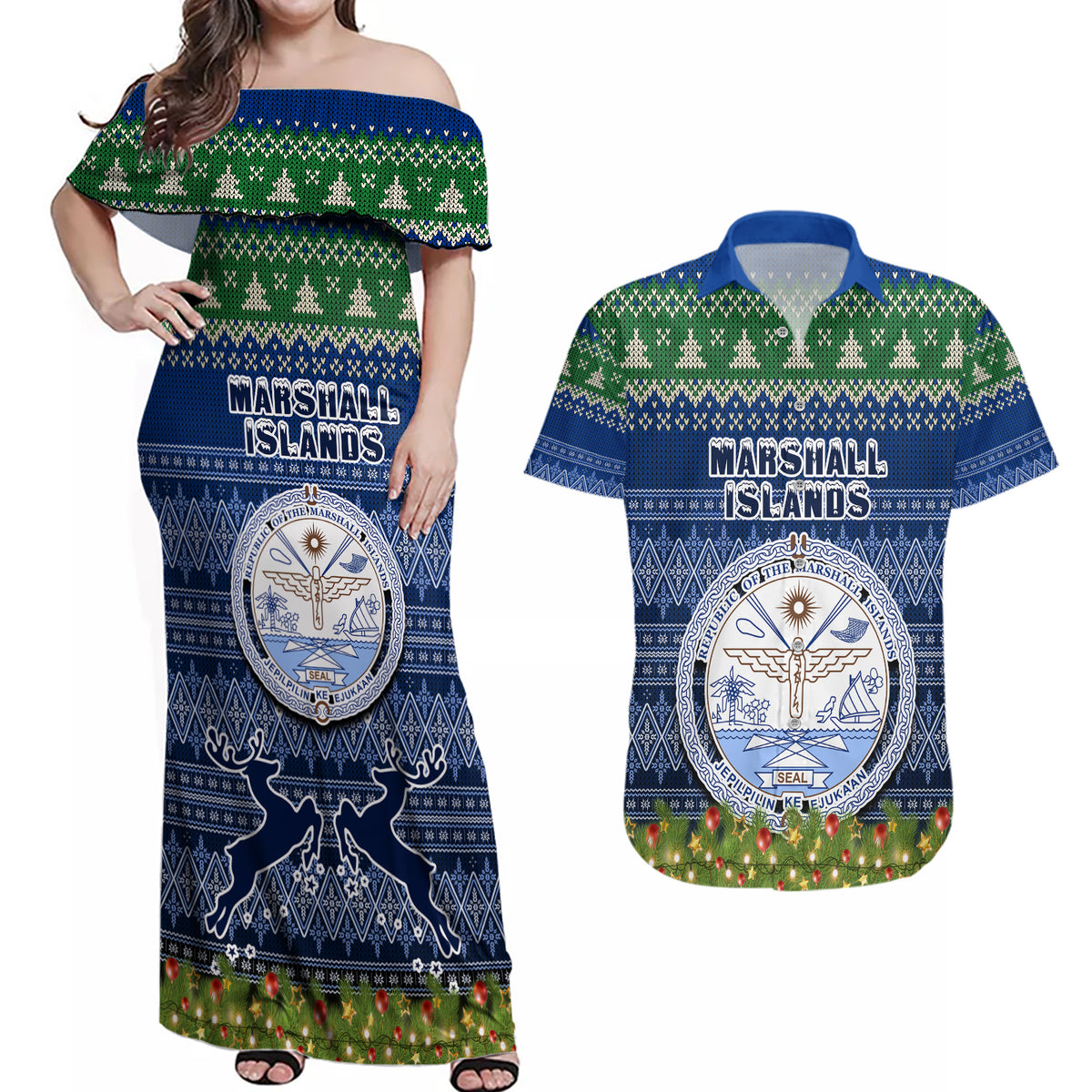 Personalised Marshall Islands Christmas Couples Matching Off Shoulder Maxi Dress and Hawaiian Shirt Coat of Arms and Map Beautiful Merry Xmas Snowflake LT03 Blue - Polynesian Pride