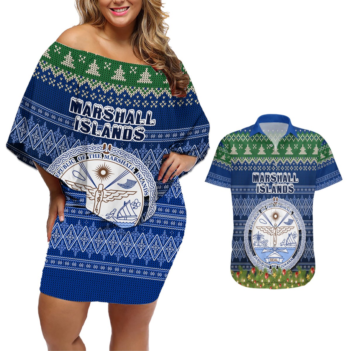 Personalised Marshall Islands Christmas Couples Matching Off Shoulder Short Dress and Hawaiian Shirt Coat of Arms and Map Beautiful Merry Xmas Snowflake LT03 Blue - Polynesian Pride